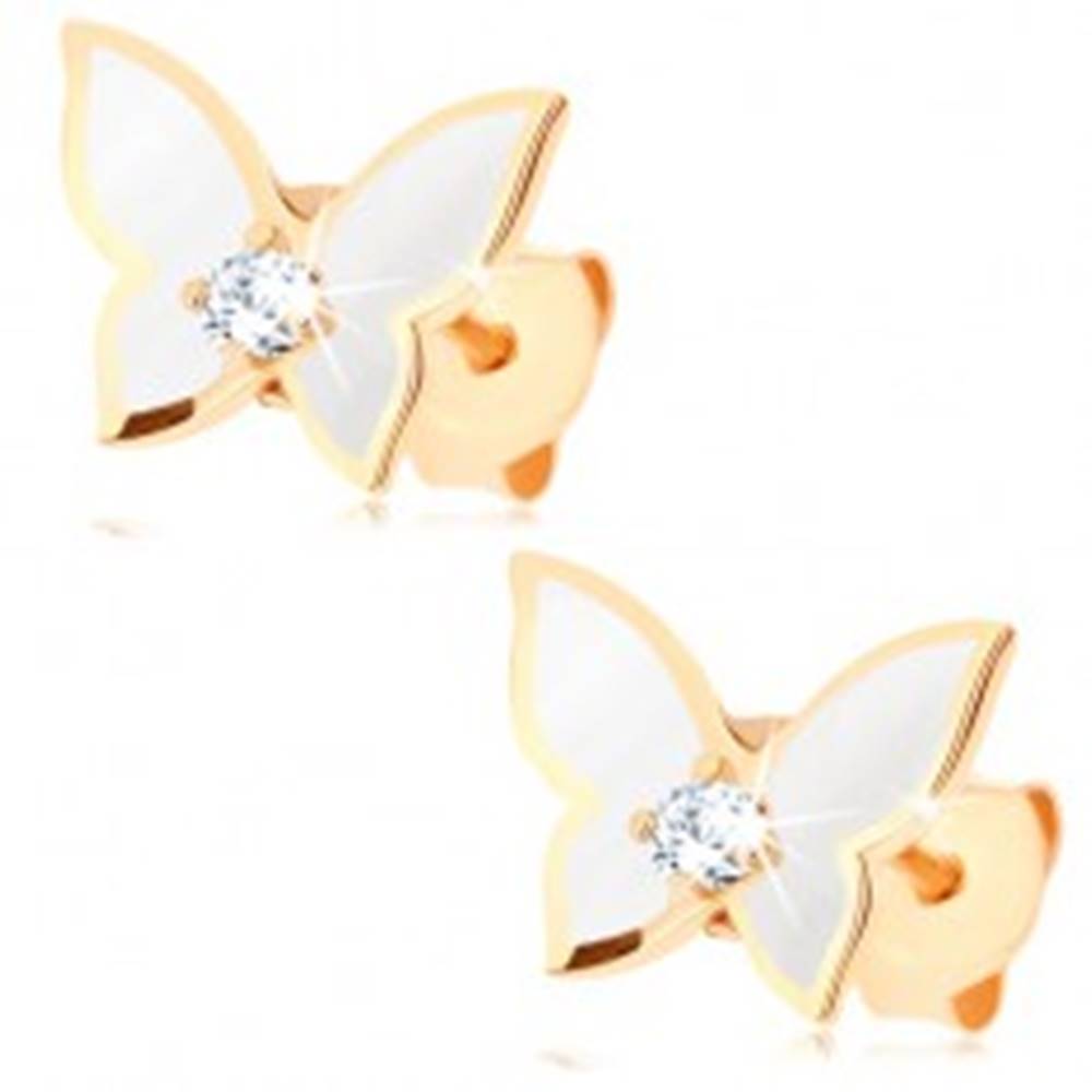 Šperky eshop Náušnice zo zlata 375 - malý motýlik, krídla pokryté bielou glazúrou, číry zirkón