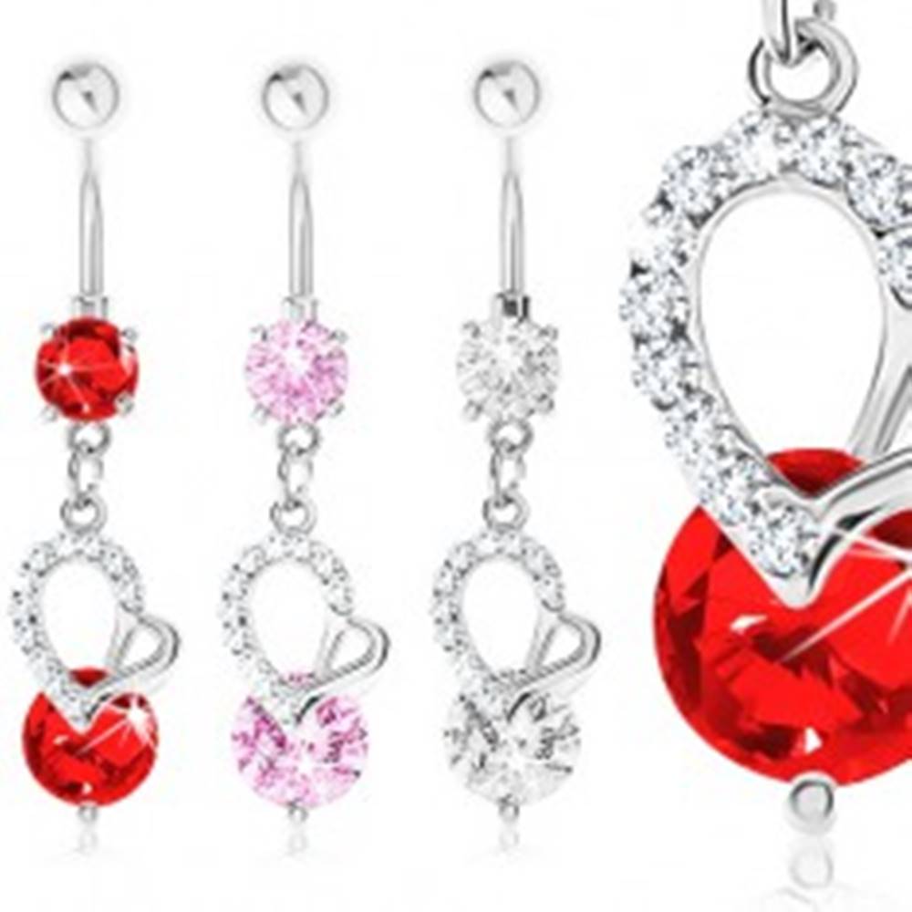Šperky eshop Oceľový 316L piercing do pupka, nesúmerné srdce, zirkóny - Farba zirkónu: Červená - R