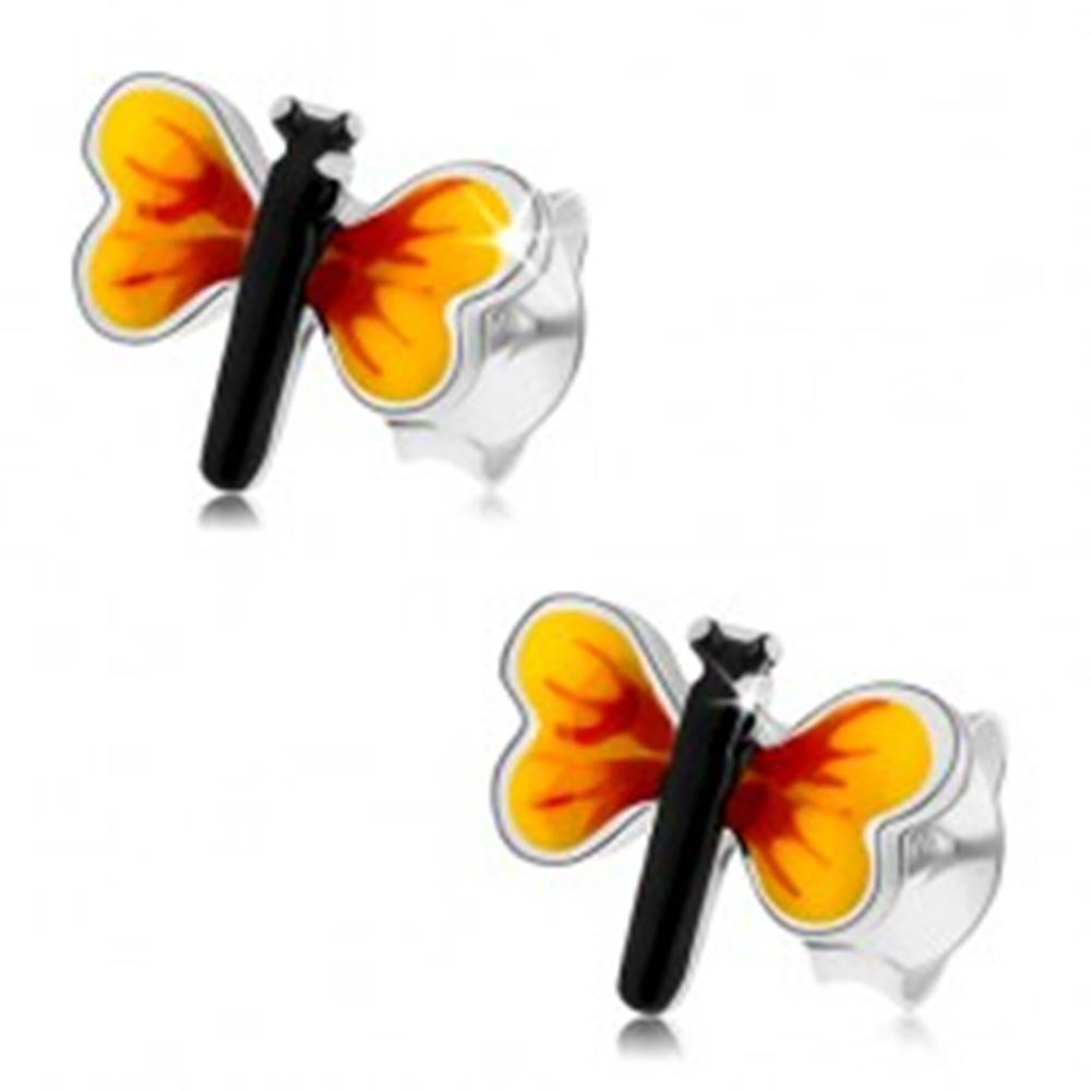 Šperky eshop Strieborné 925 náušnice, malý motýlik, žlto-červené krídla, puzetky