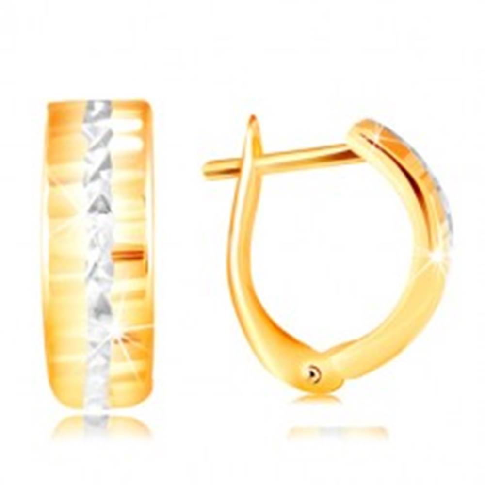 Šperky eshop Zlaté 14K náušnice - ligotavý brúsený povrch, línia z bieleho zlata v strede
