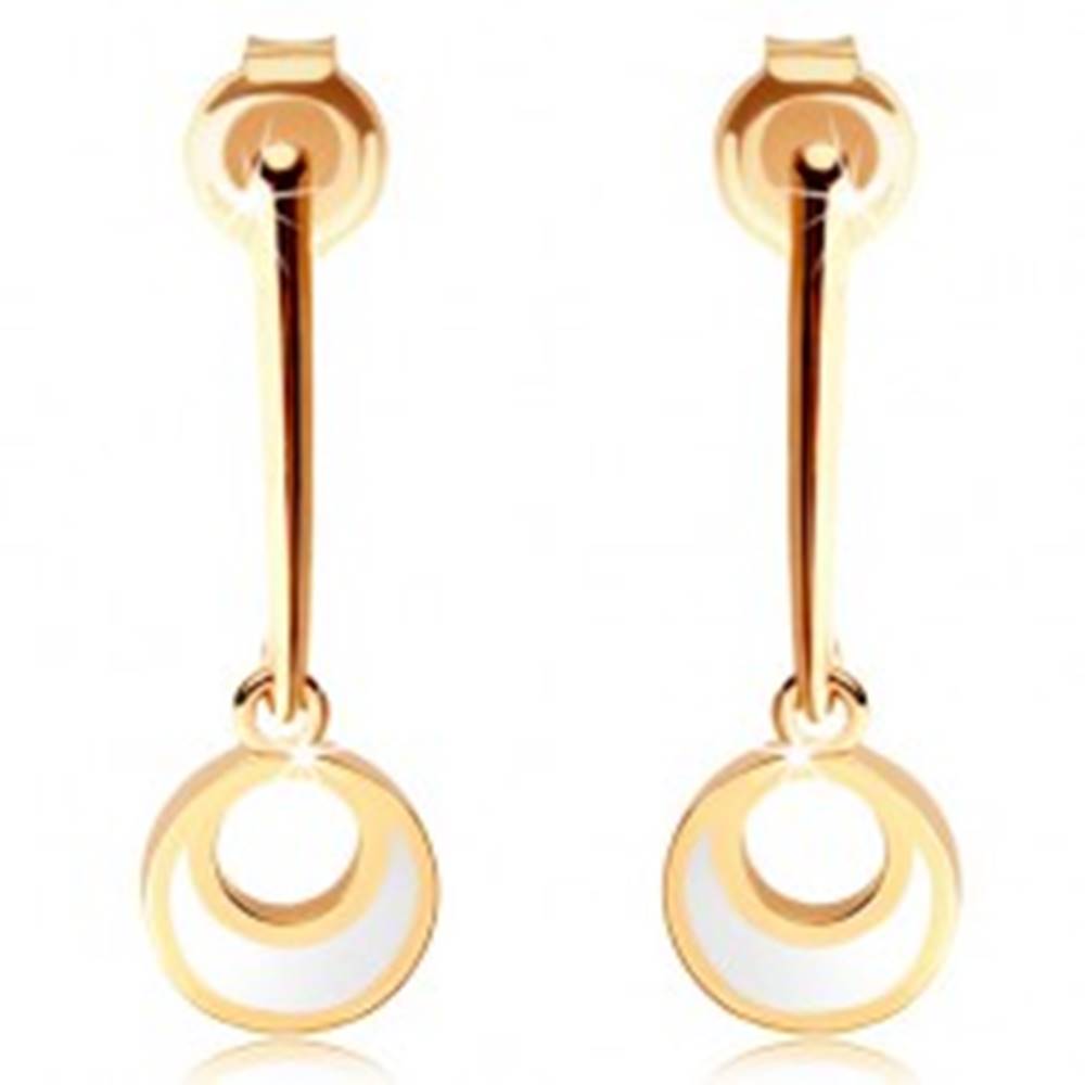 Šperky eshop Zlaté náušnice 375 - kruh visiaci na rovnej paličke, výrez, biela glazúra