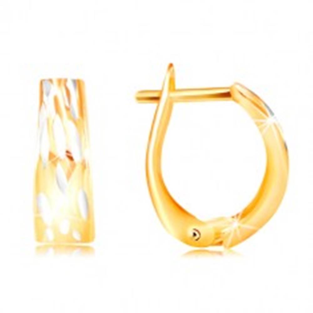 Šperky eshop Zlaté náušnice 585 - rozšírený oblúk so zvislými dvojfarebnými zárezmi