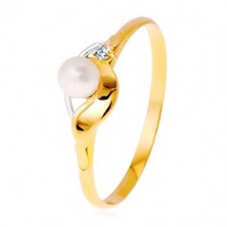 Diamantový prsteň zo 14K zlata, dvojfarebné vlnky, číry briliant a biela perla - Veľkosť: 49 mm