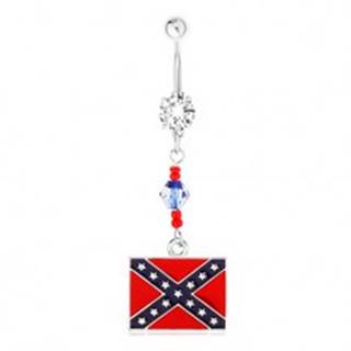 Oceľový piercing do brucha, číry zirkón, korálky, motív konfederačnej vlajky