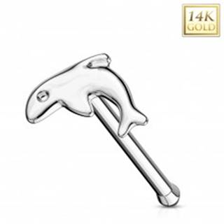 Rovný piercing do nosa z bieleho zlata 585 - malý lesklý delfín