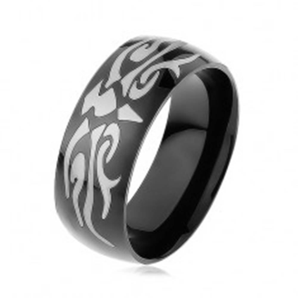 Šperky eshop Lesklý oceľový prsteň čiernej farby, šedý motív tribal, hladký povrch - Veľkosť: 57 mm