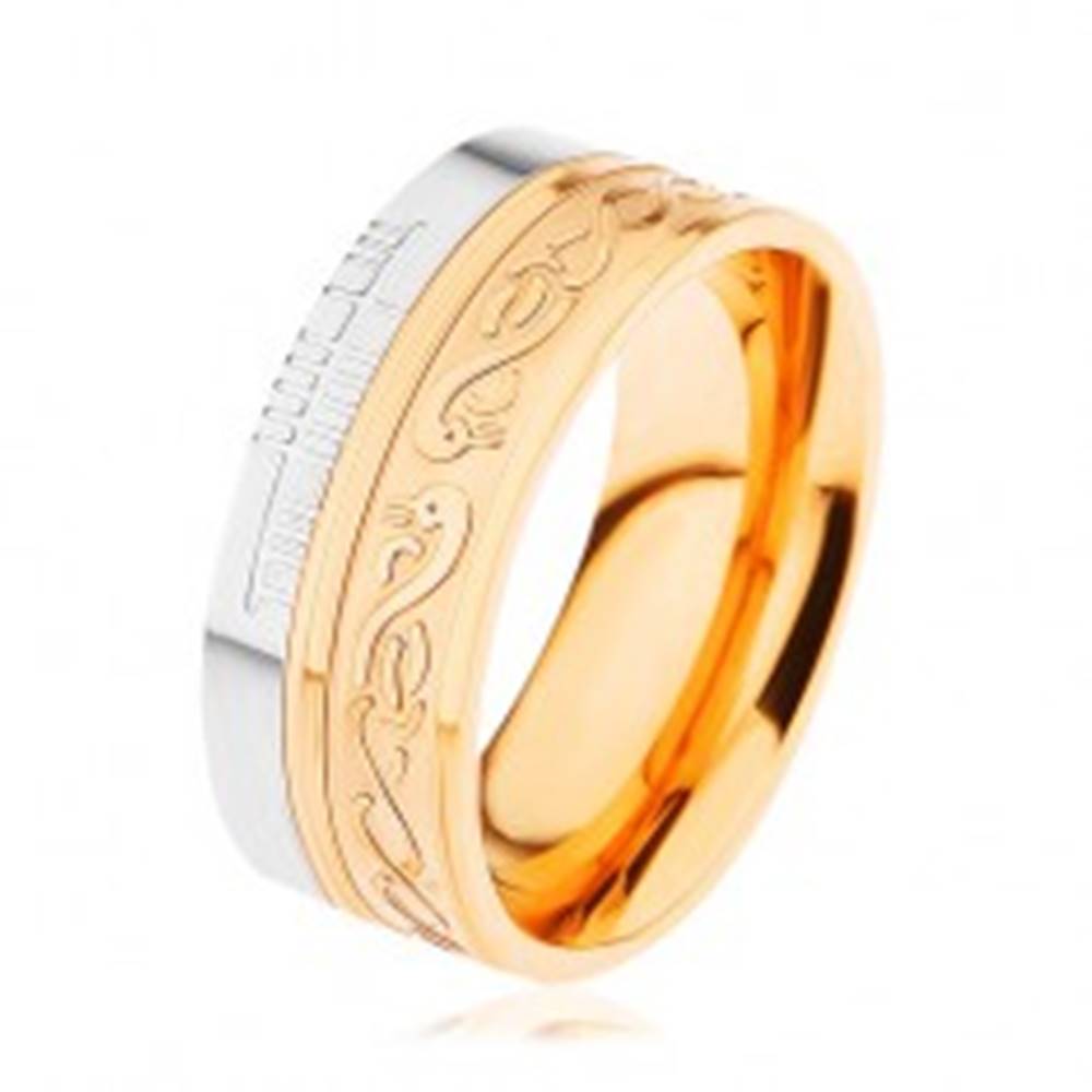 Šperky eshop Lesklý prsteň z ocele 316L, zlatá a strieborná farba, špirála, had, zárezy - Veľkosť: 54 mm