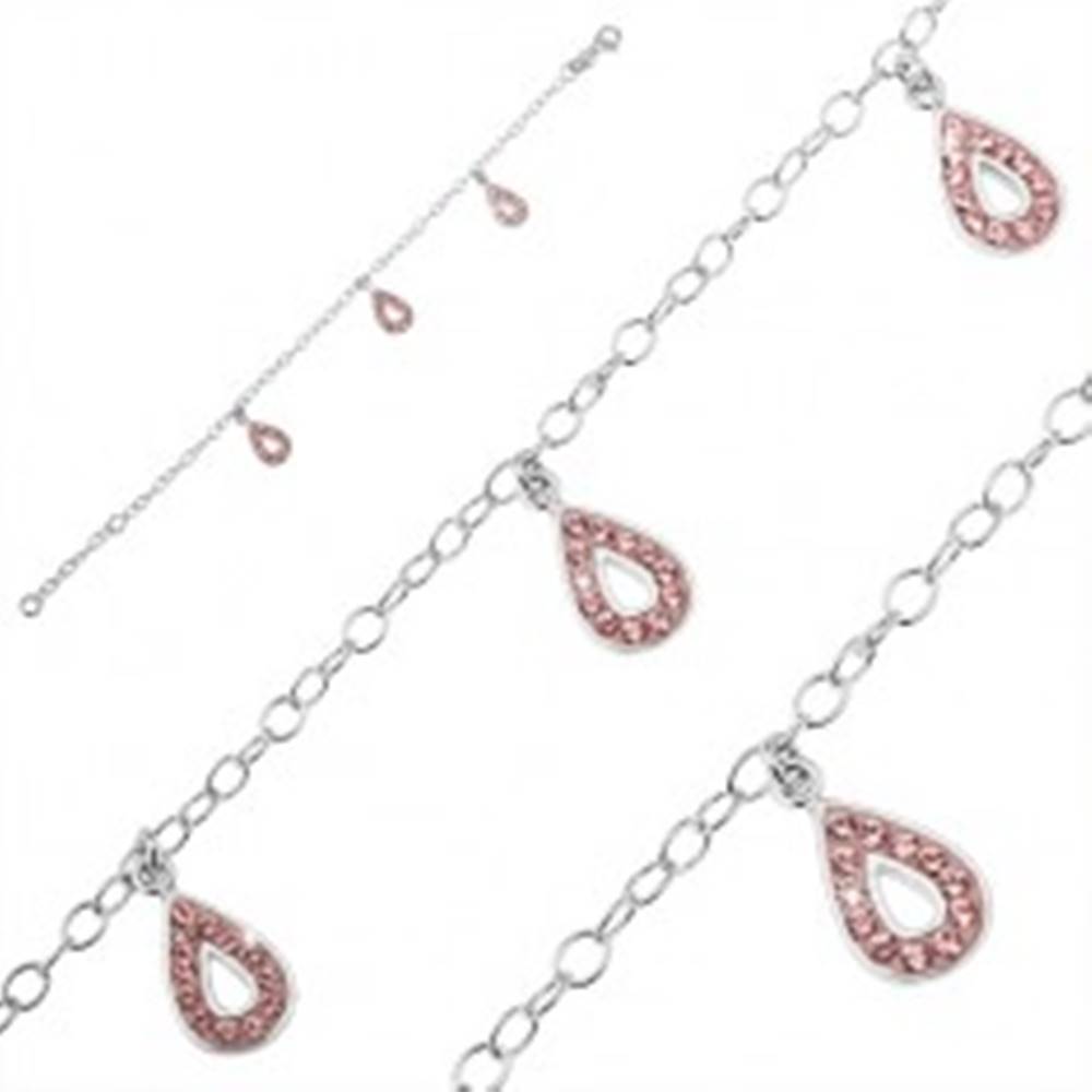 Šperky eshop Náramok zo striebra 925 - tri slzičkové prívesky, ružové zirkóny