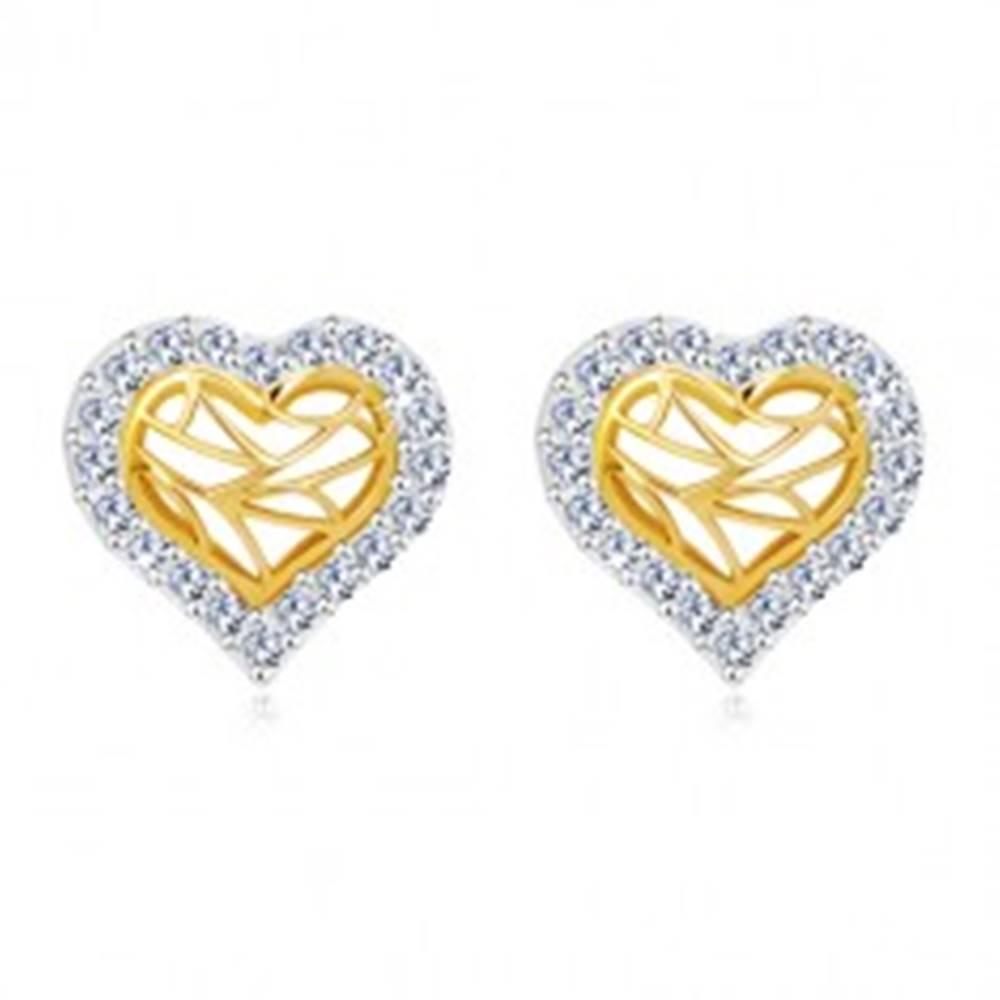 Šperky eshop Náušnice v 14K zlate - srdiečko so zirkónovým obrysom a výrezmi v strede