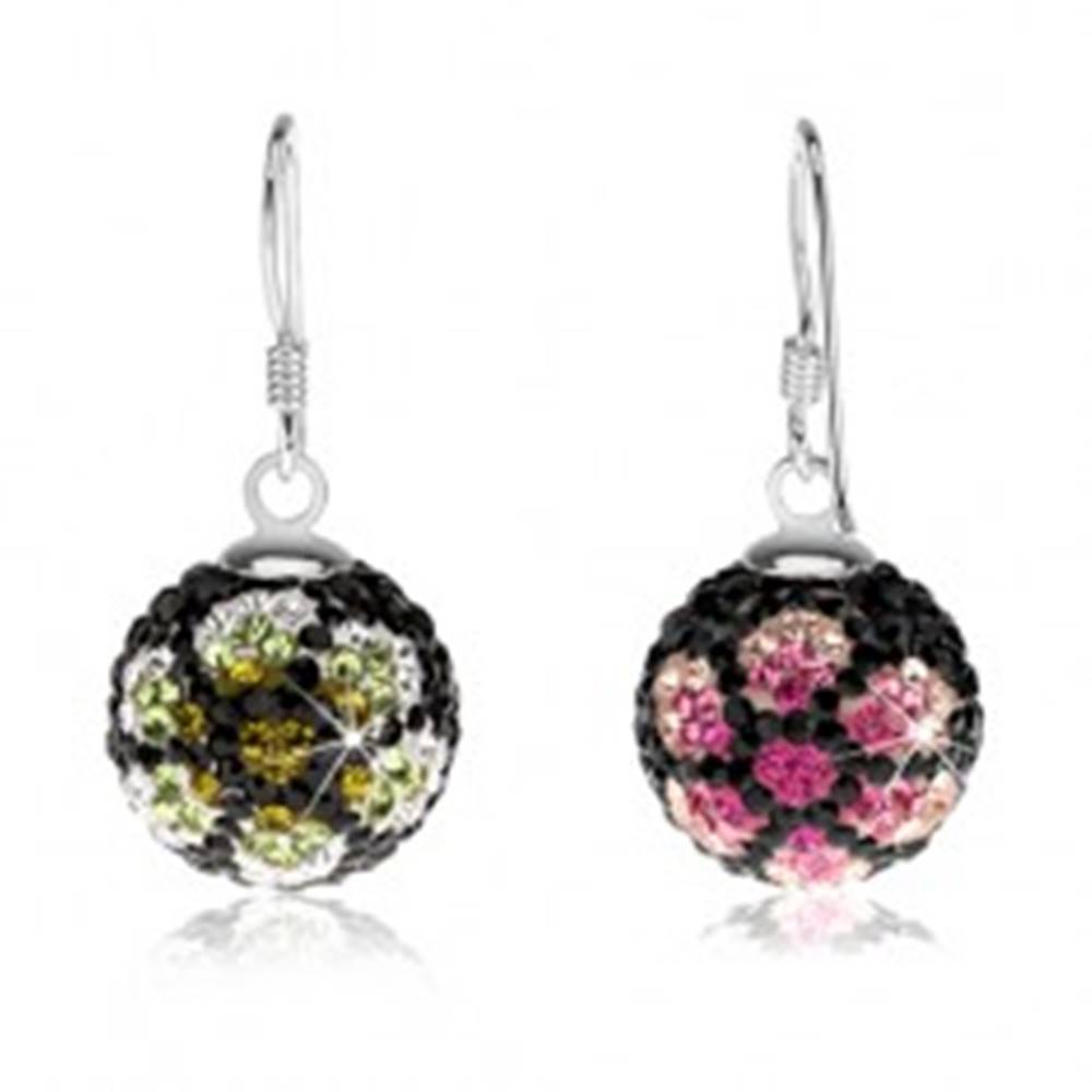 Šperky eshop Obojstranné náušnice zo striebra 925, čierne guličky, kryštáliky, farebné kvety, 14 mm