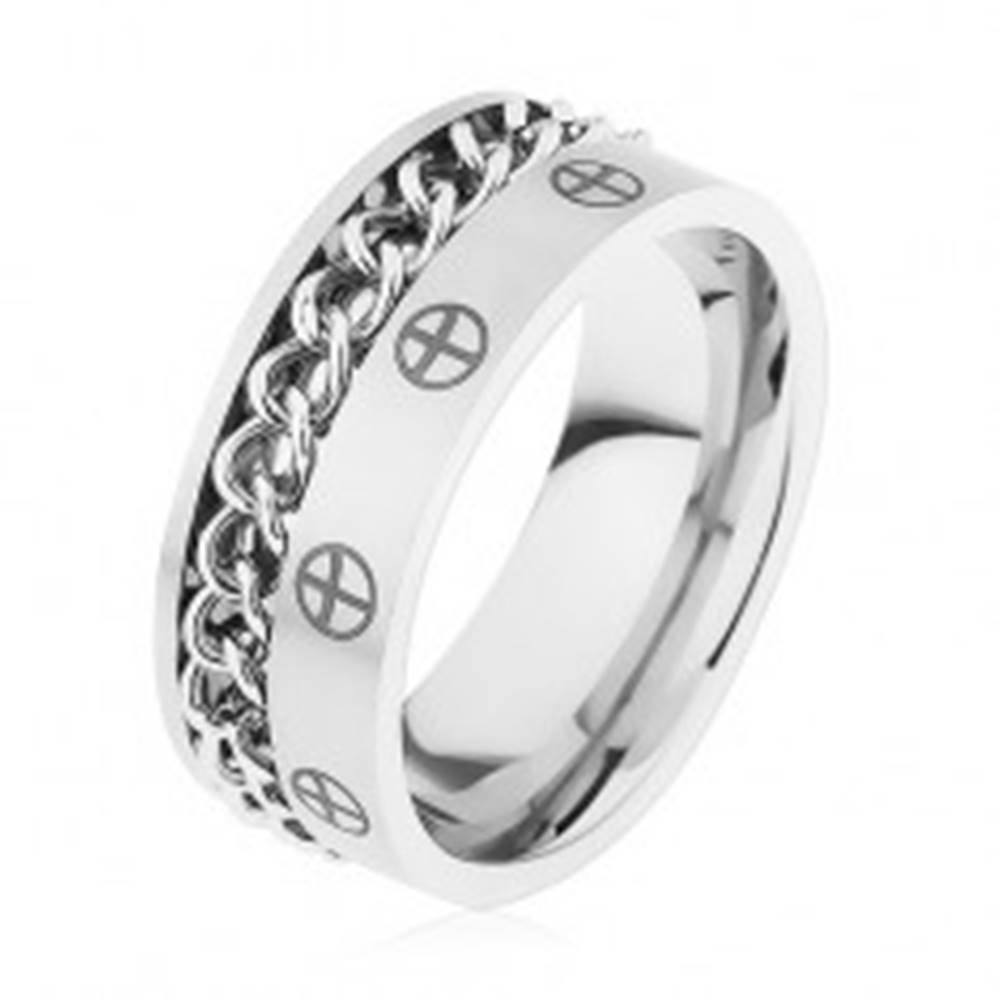 Šperky eshop Obrúčka z ocele 316L, strieborná farba, retiazka, krížiky v kruhoch - Veľkosť: 57 mm
