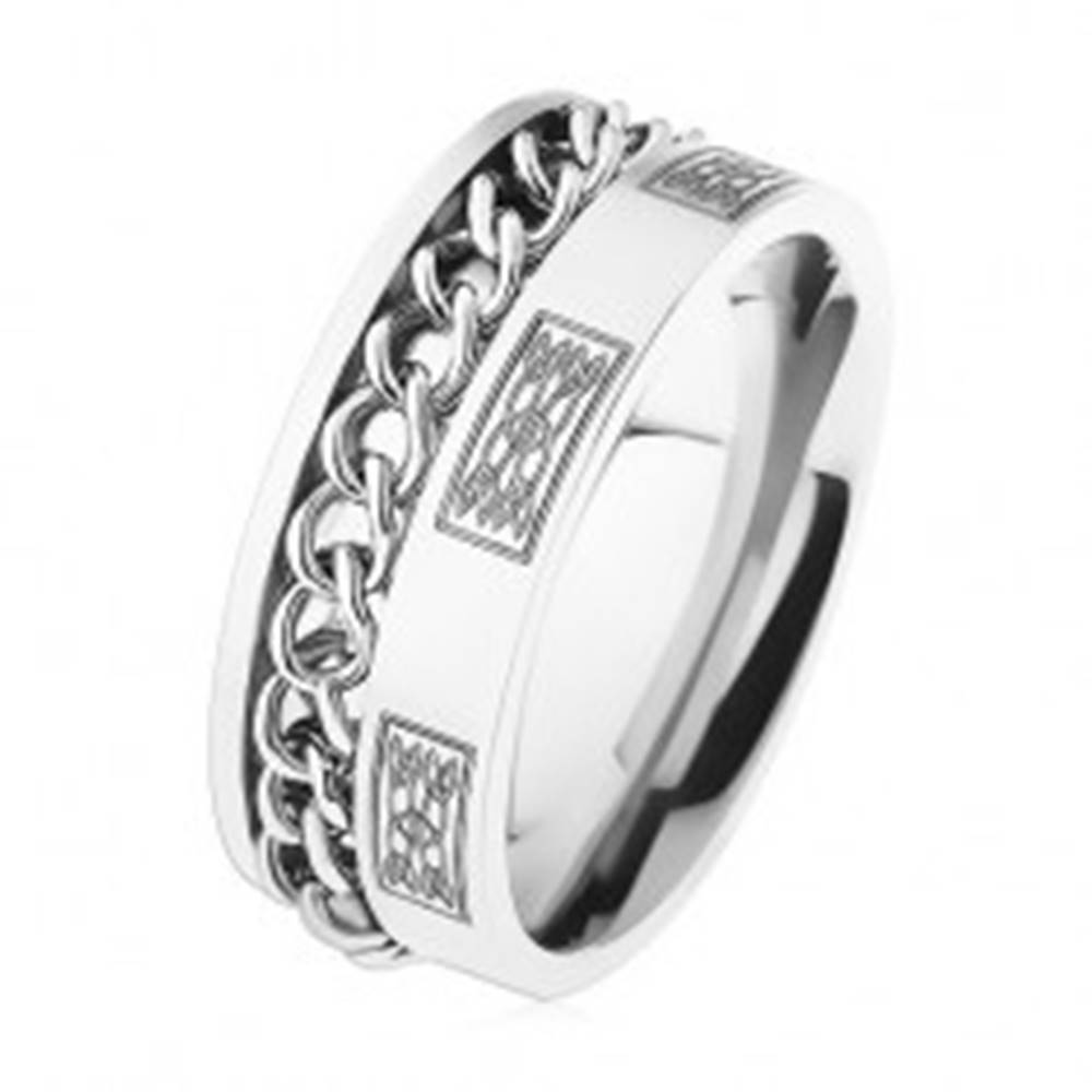 Šperky eshop Oceľový prsteň s retiazkou, strieborná farba, ornamenty - Veľkosť: 57 mm