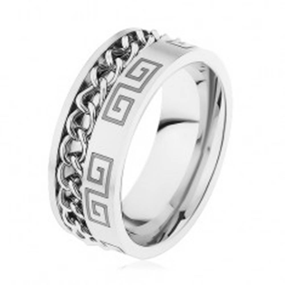 Šperky eshop Oceľový prsteň striebornej farby, zárez s retiazkou, grécky kľúč - Veľkosť: 57 mm