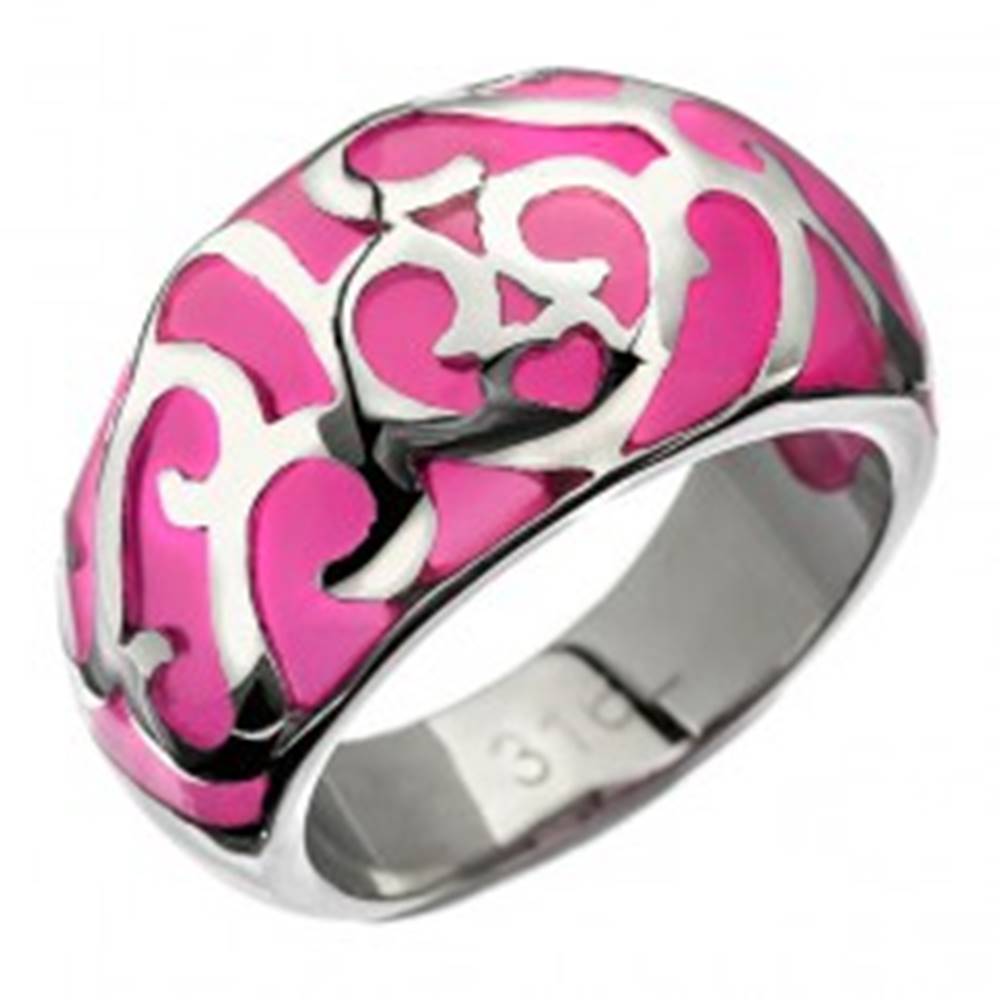 Šperky eshop Prsteň z ocele - ružový s kovovou dekoráciou, srdiečko - Veľkosť: 50 mm