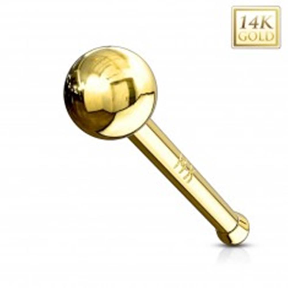 Šperky eshop Rovný zlatý 14K piercing do nosa - lesklá hladká gulička, žlté zlato - Hrúbka piercingu: 0,8 mm