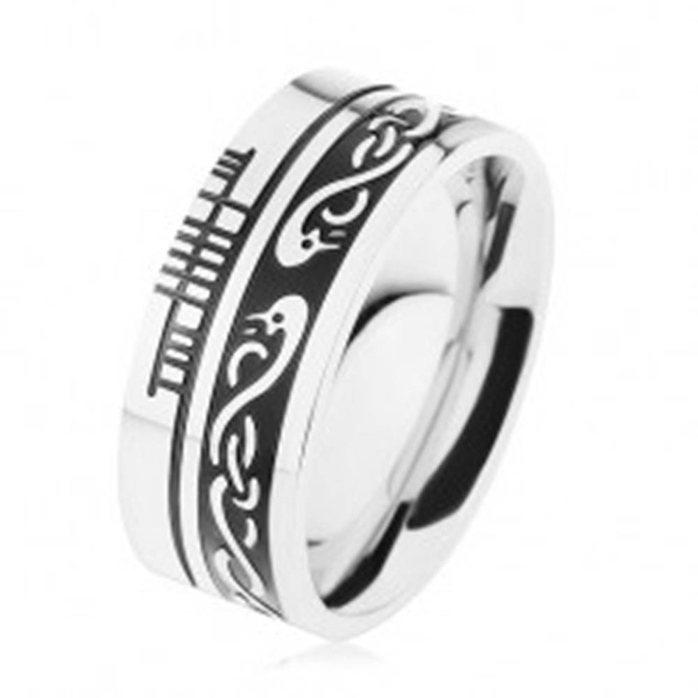 Šperky eshop Široký prsteň, oceľ 316L, čierny pruh, keltský vzor, lem striebornej farby - Veľkosť: 54 mm