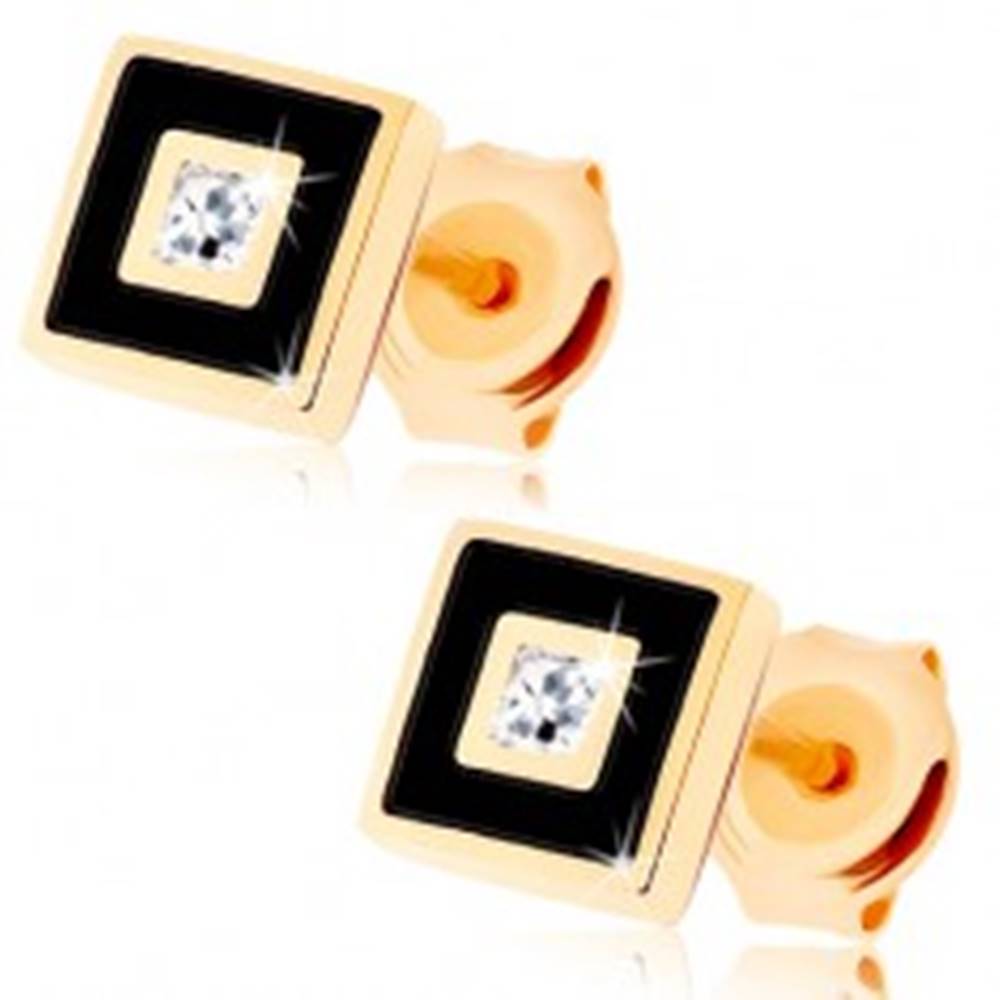Šperky eshop Zlaté náušnice 375 - štvorček zdobený čiernou glazúrou, číry zirkónik