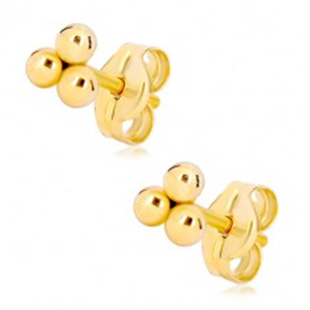 Šperky eshop Zlaté puzetové náušnice 585 - tri malé lesklé guľôčky