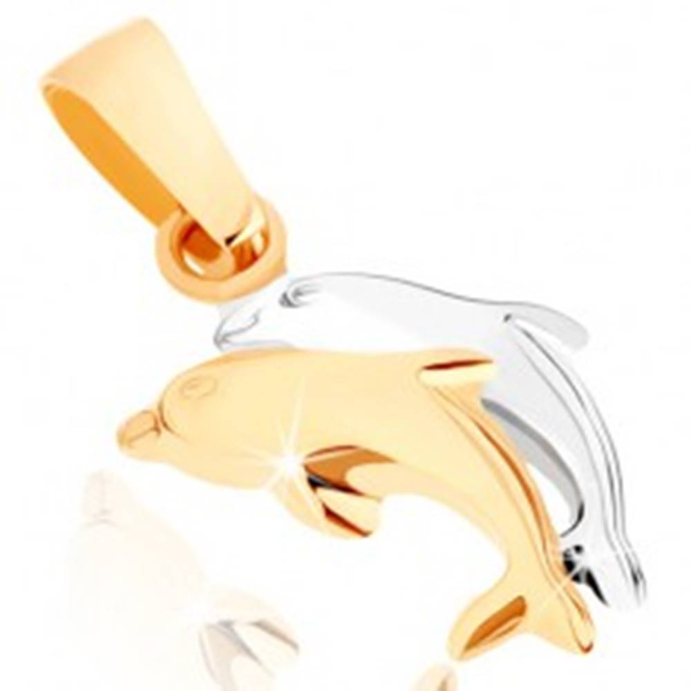 Šperky eshop Zlatý prívesok 375 - dvojfarebné skáčuce delfíny, hladký vypuklý povrch