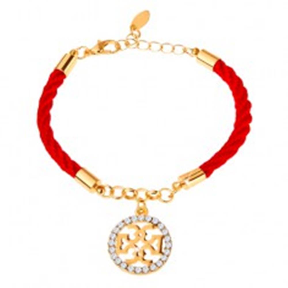 Šperky eshop Náramok, červená šnúrka, ornament v zlatej farbe, číre zirkóny, karabínka