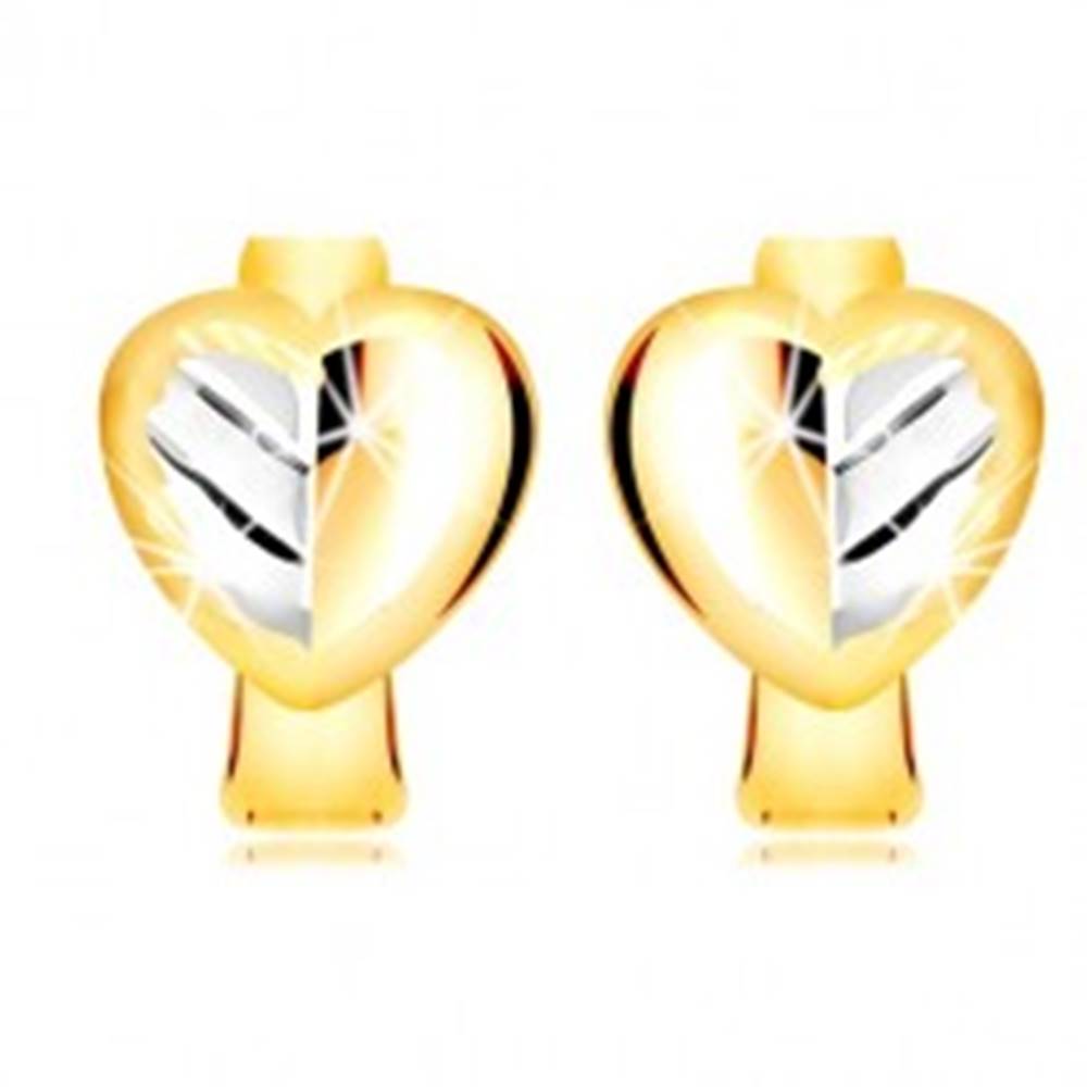Šperky eshop Náušnice v kombinovanom zlate 585 - plné dvojfarebné srdce s listom