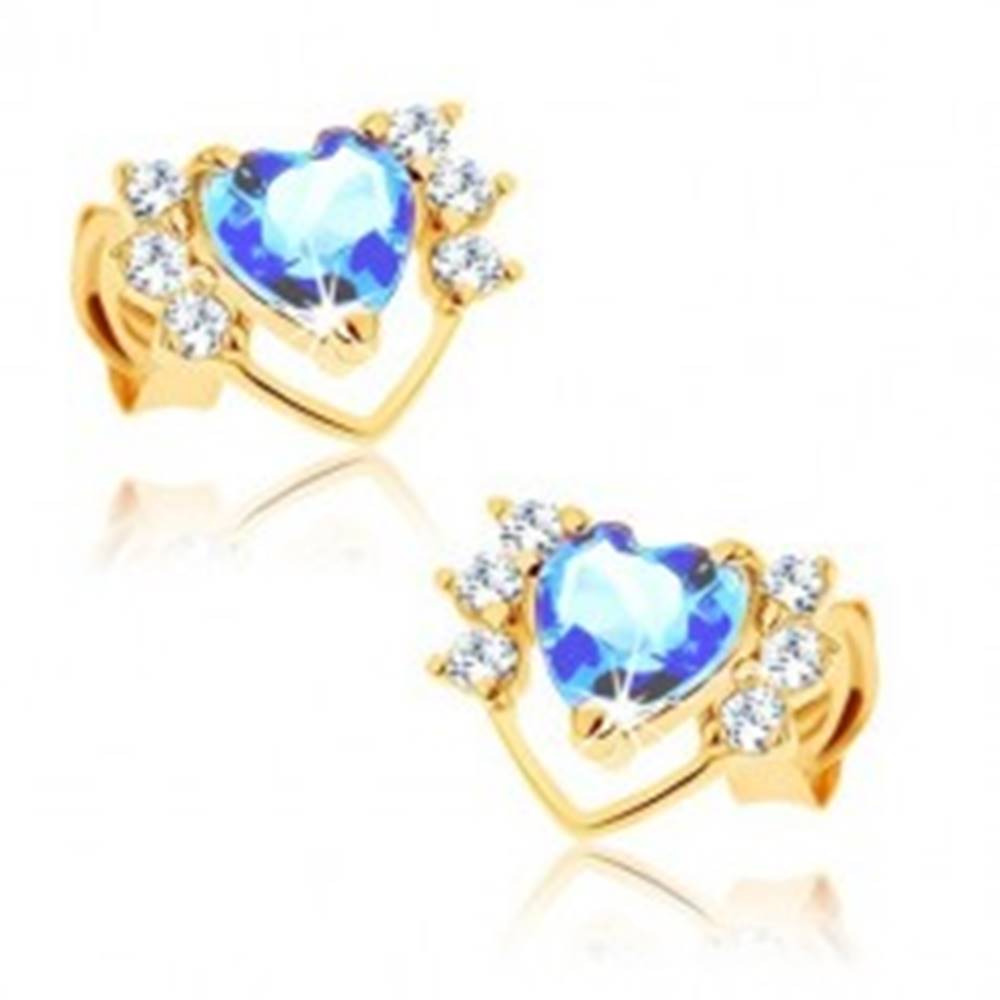 Šperky eshop Náušnice v žltom 14K zlate - tenká kontúra srdca so zirkónmi, modrý topás