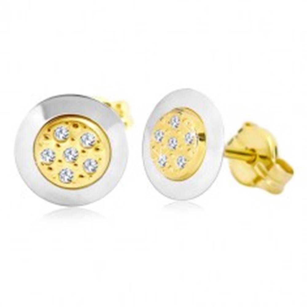 Šperky eshop Náušnice zo 14K zlata - kruh s čírymi zirkónmi v strede, žlté a biele zlato