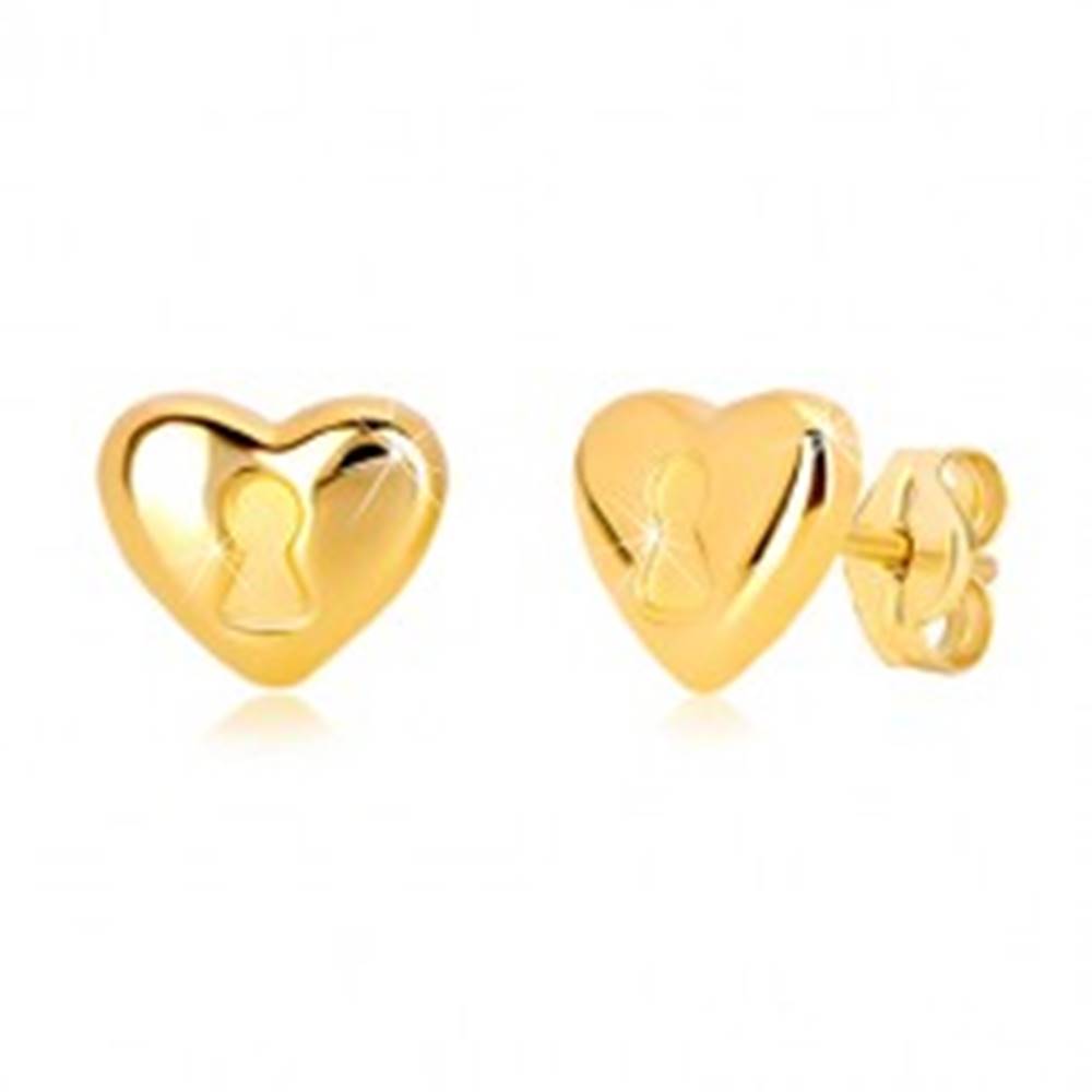 Šperky eshop Náušnice zo 14K žltého zlata - srdce s kľúčovou dierkou, puzetové zapínanie