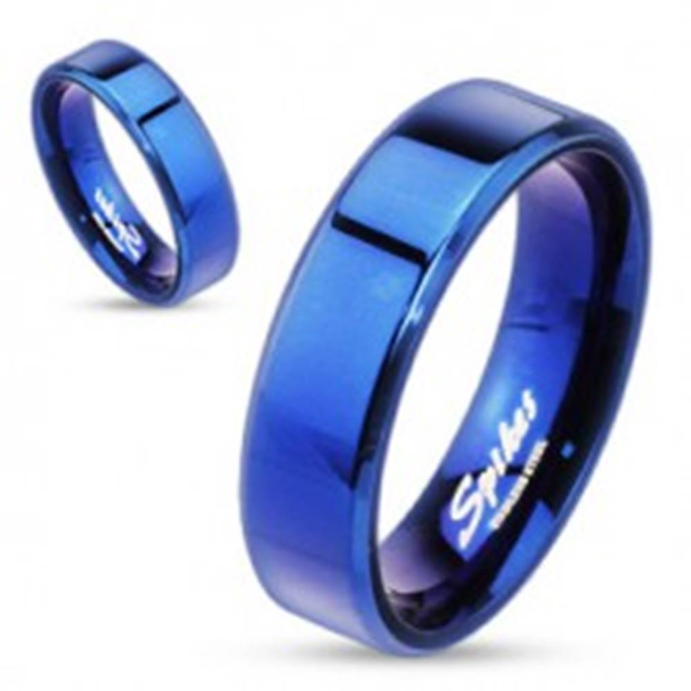 Šperky eshop Oceľový prsteň - modrá plochá obrúčka, 6 mm - Veľkosť: 49 mm