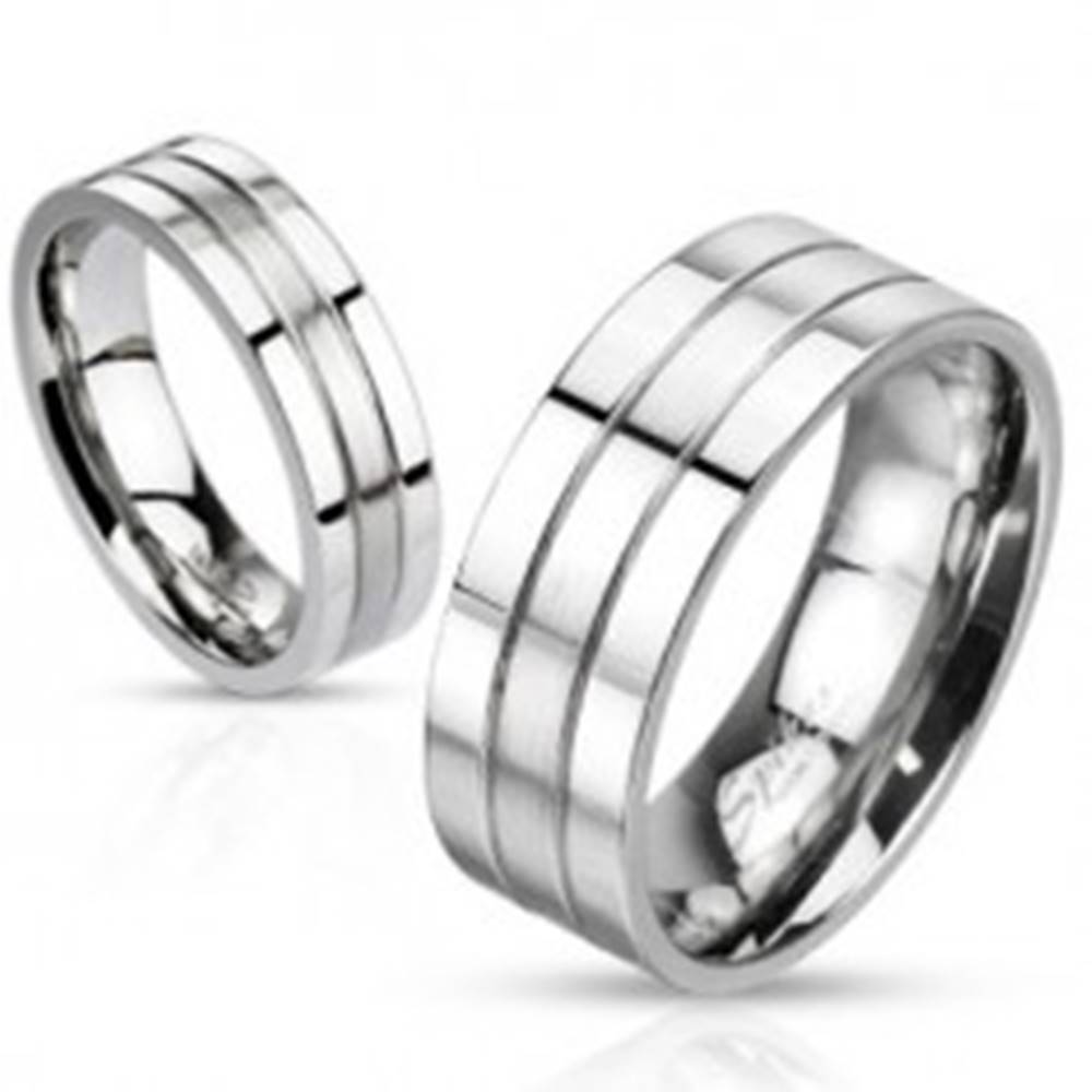 Šperky eshop Oceľový prsteň - strieborná farba, obrúčka s dvoma ryhami, matno-lesklá - Veľkosť: 49 mm