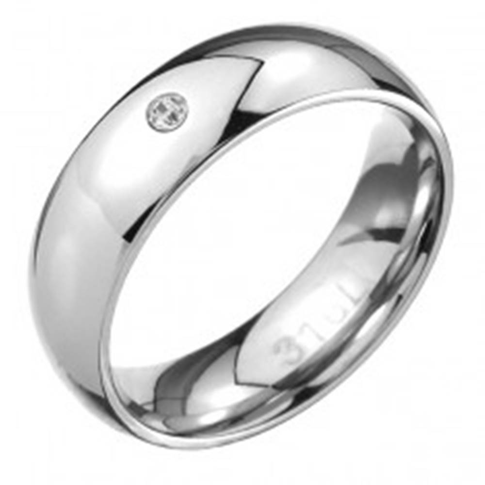Šperky eshop Oceľový prsteň - zrkadlovo lesklý oblý povrch, číry zirkónik - Veľkosť: 49 mm