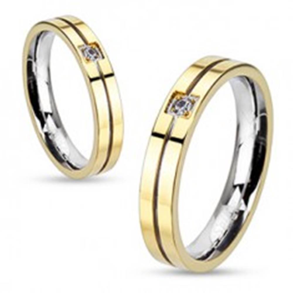 Šperky eshop Prsteň z ocele - zlato-strieborná farebná kombinácia so zirkónom - Veľkosť: 49 mm