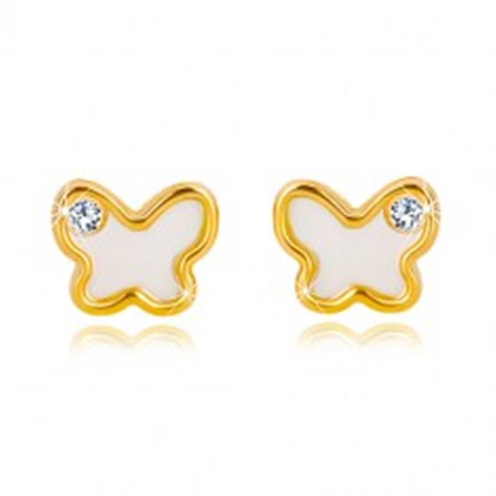Šperky eshop Puzetové náušnice zo 14K žltého zlata - motýlik s prírodnou perleťou a zirkónom