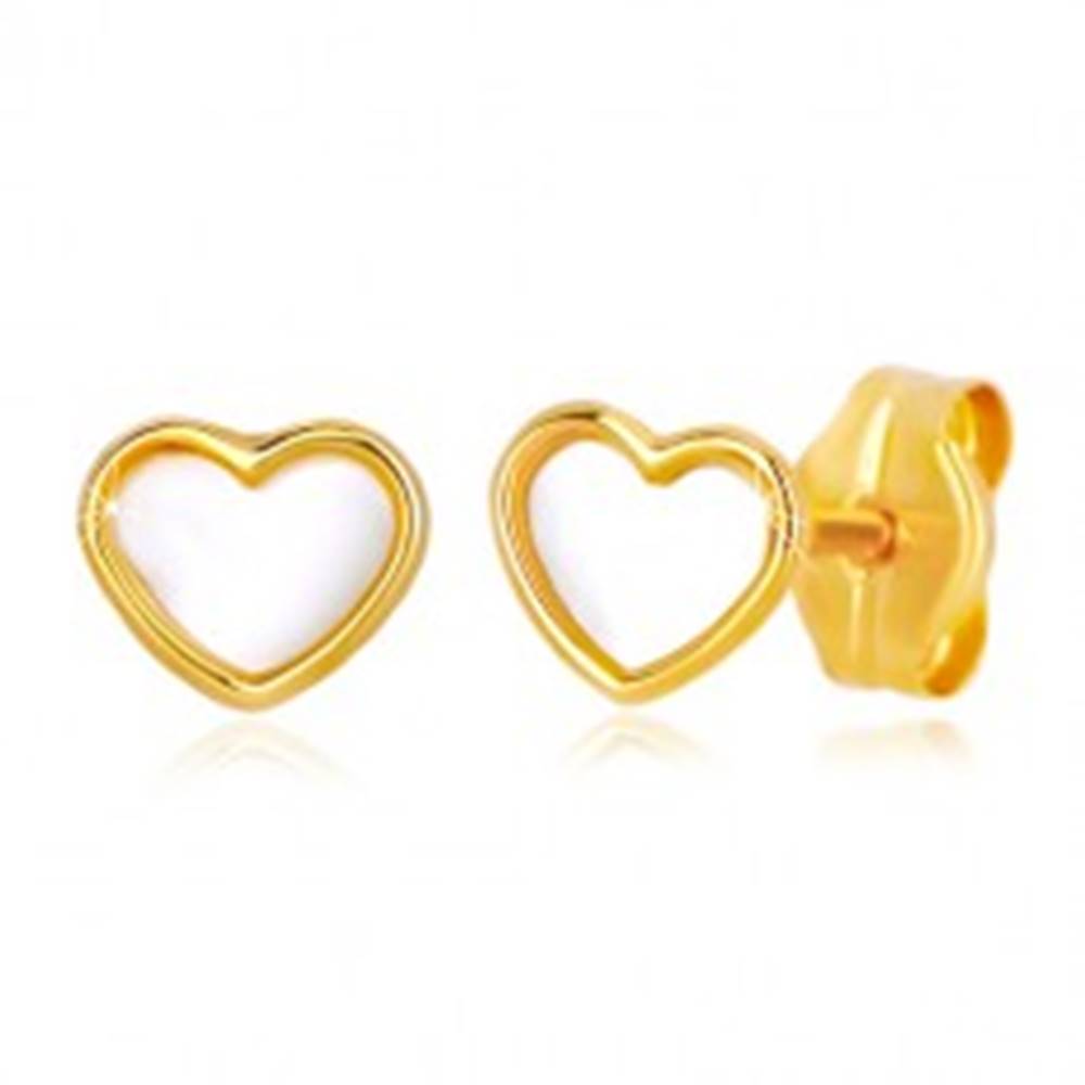 Šperky eshop Puzetové zlaté 14K náušnice srdcového tvaru s prírodnou perleťou