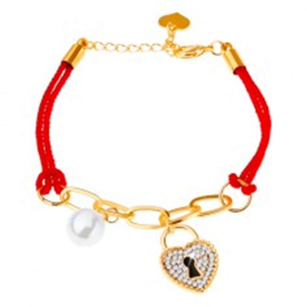 Šperky eshop Šnúrkový náramok, retiazka, dva prívesky - gulička, zámka - srdce, zirkóny