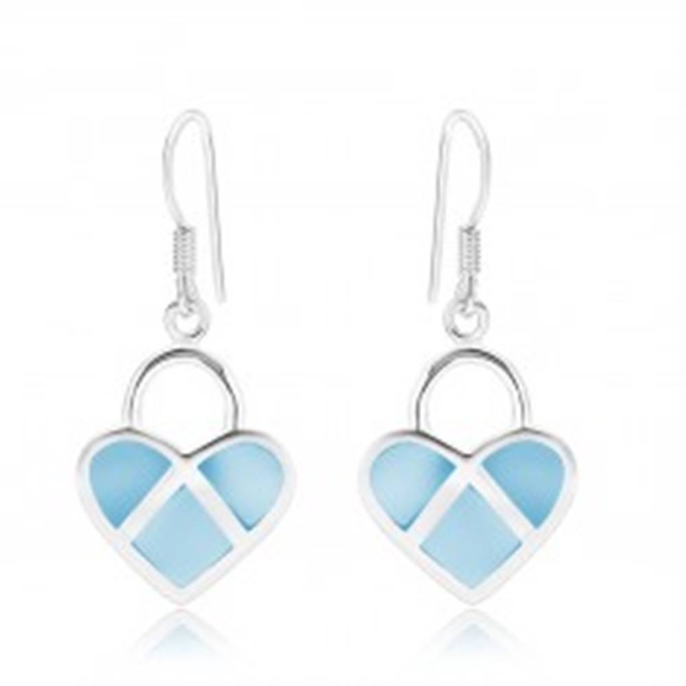 Šperky eshop Strieborné 925 náušnice, symetrické srdce, modrá perleť, strieborné línie