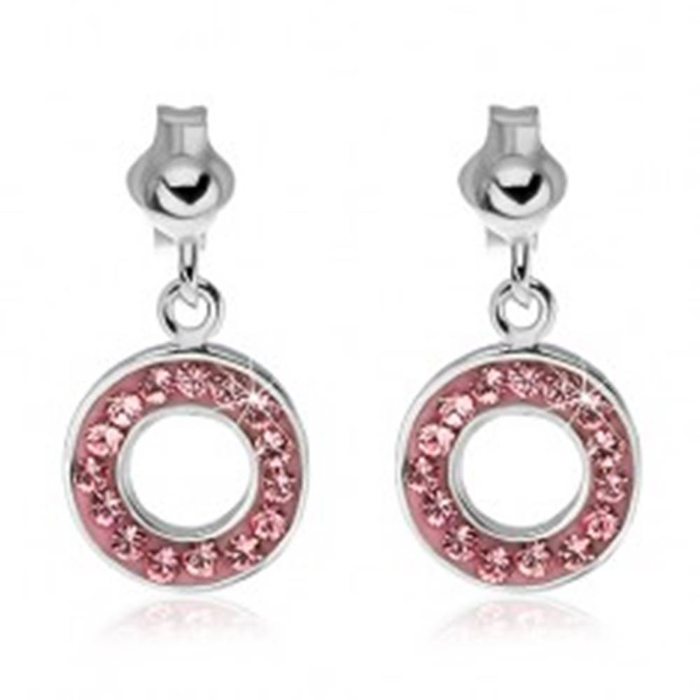 Šperky eshop Strieborné puzetové náušnice 925 - visiaci kruh s ružovými zirkónmi