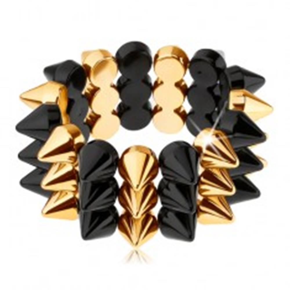 Šperky eshop Trojradový ostnatý náramok, elastický, čierny a zlatý odtieň