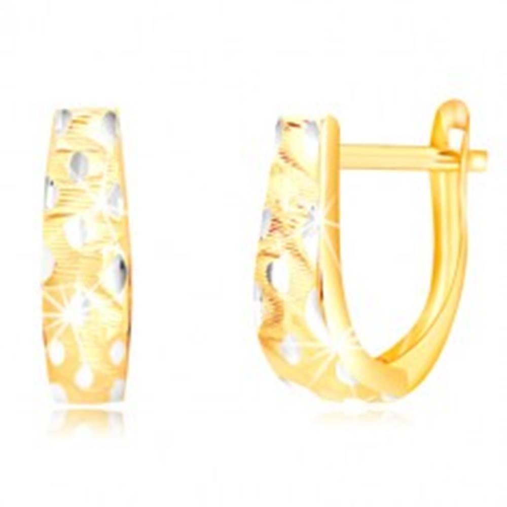 Šperky eshop Zlaté 14K náušnice - rozširujúci sa pás so zvlnenými zárezmi a zrniečkami