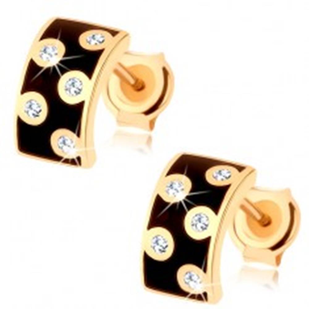 Šperky eshop Náušnice v žltom 14K zlate - širší polkruh s glazúrou čiernej farby, číre zirkóny