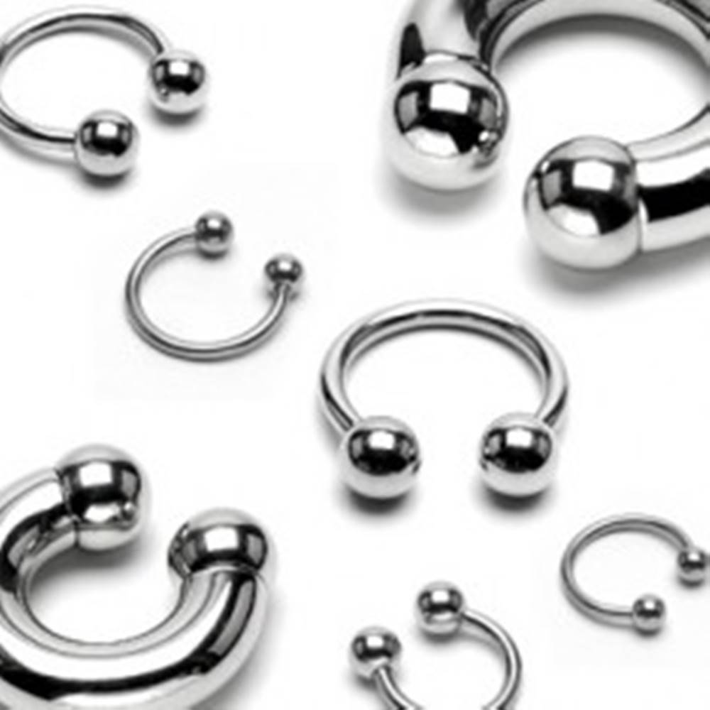 Šperky eshop Oceľový piercing - podkova s lesklým povrchom ukončená guličkami, hrúbka 3 mm - Hrúbka x priemer x veľkosť guličky: 3 mm x 12 mm x 6 mm