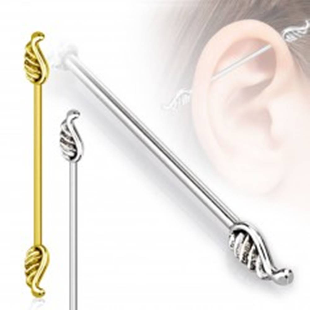 Šperky eshop Piercing do ucha z chirurgickej ocele - dlhšia činka ukončená krídlami, 1,6 mm - Farba piercing: Strieborná