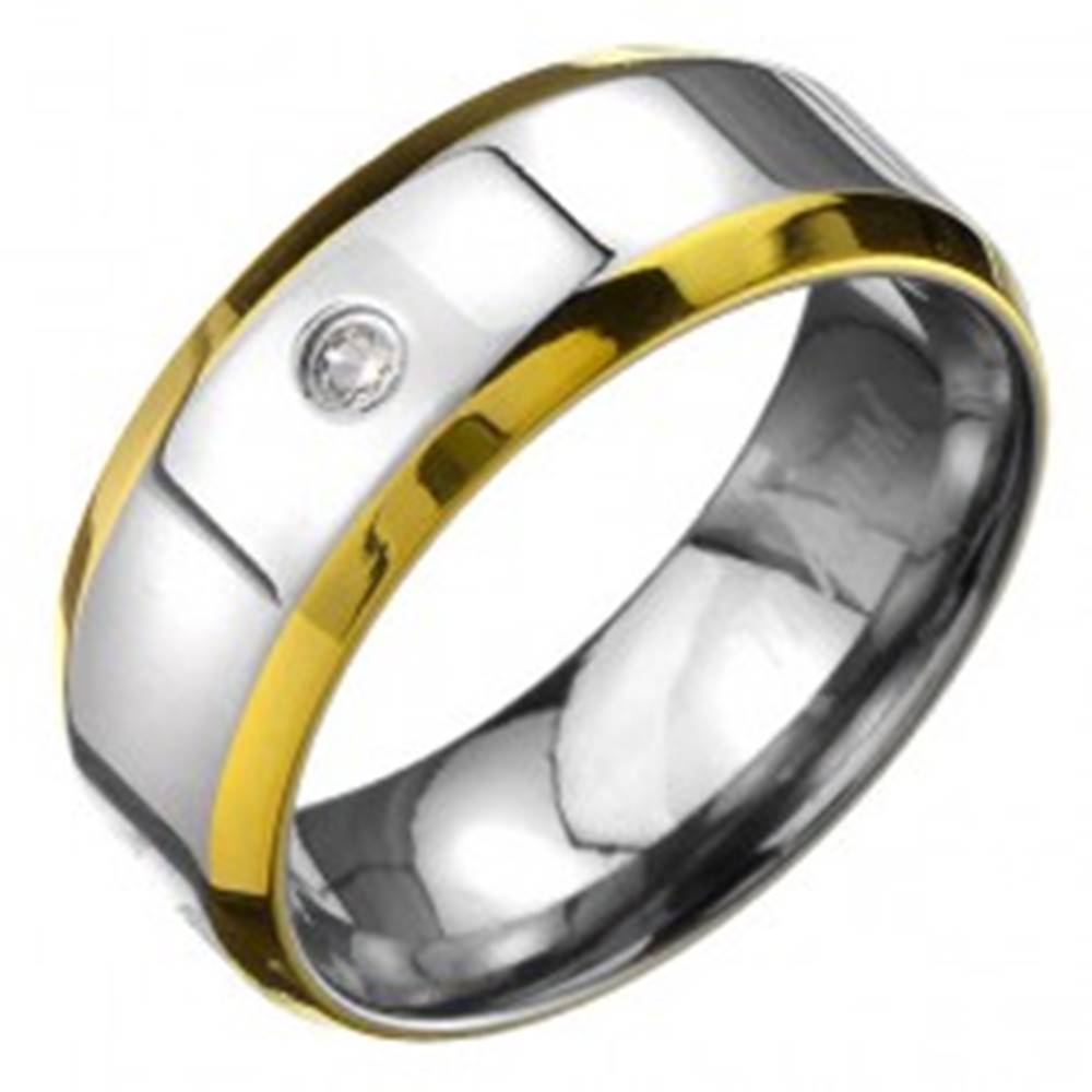 Šperky eshop Prsteň z titánu - obrúčka striebornej farby s okrajmi zlatej farby a zirkónom - Veľkosť: 57 mm