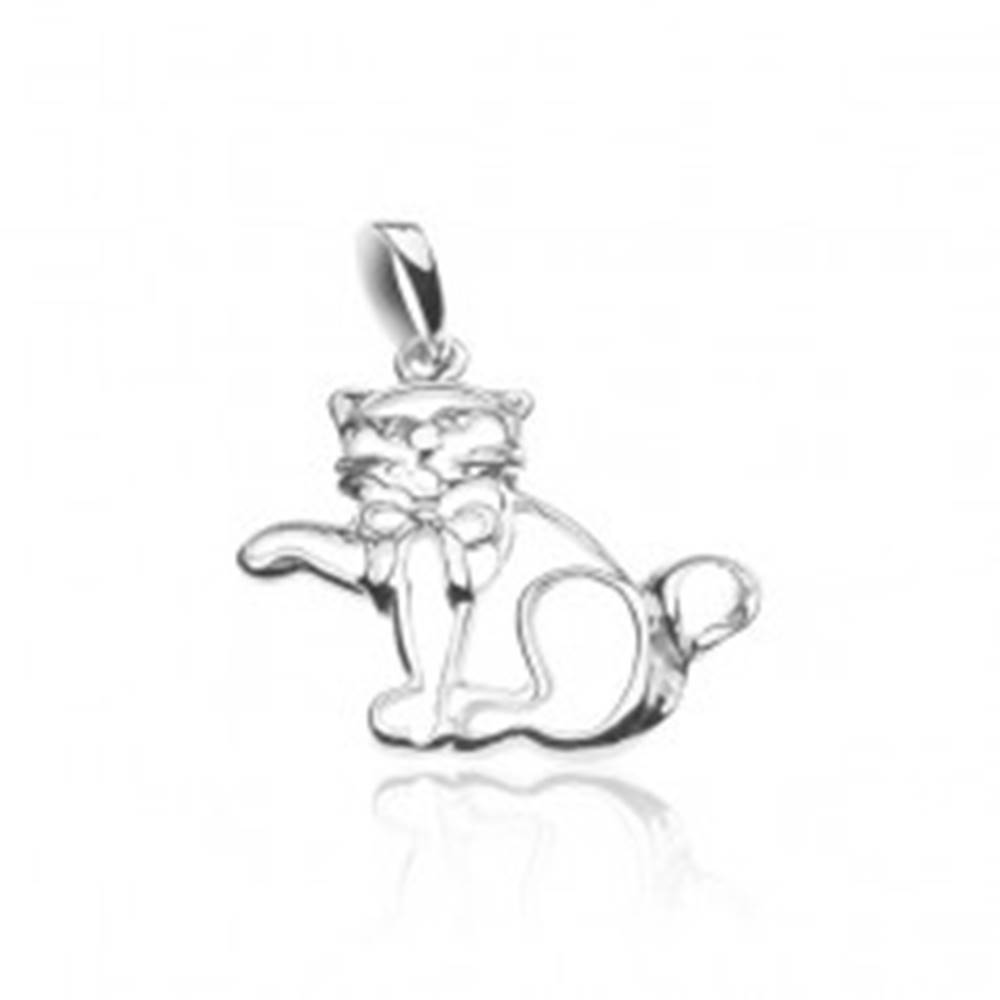Šperky eshop Strieborný prívesok 925 - obrys mávajúcej mačky s mašľou