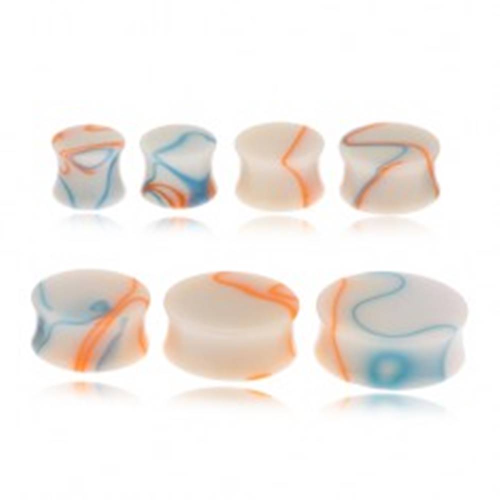 Šperky eshop Akrylový plug do ucha, béžová farba, modro-oranžové línie - Hrúbka: 10 mm, Farba: Modro-oranžová