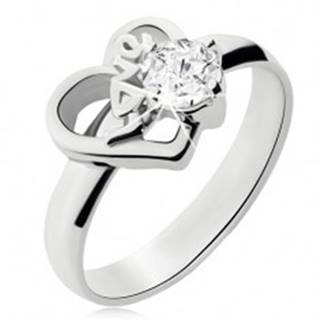 Oceľový prsteň s čírym kamienkom, obrys nesúmerného srdca, Love - Veľkosť: 49 mm