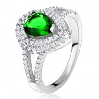 Prsteň so zeleným slzičkovým kameňom, dvojitý číry lem, striebro 925 - Veľkosť: 49 mm