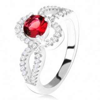 Strieborný 925 prsteň, červený okrúhly kameň, zatočené zirkónové ramená - Veľkosť: 49 mm