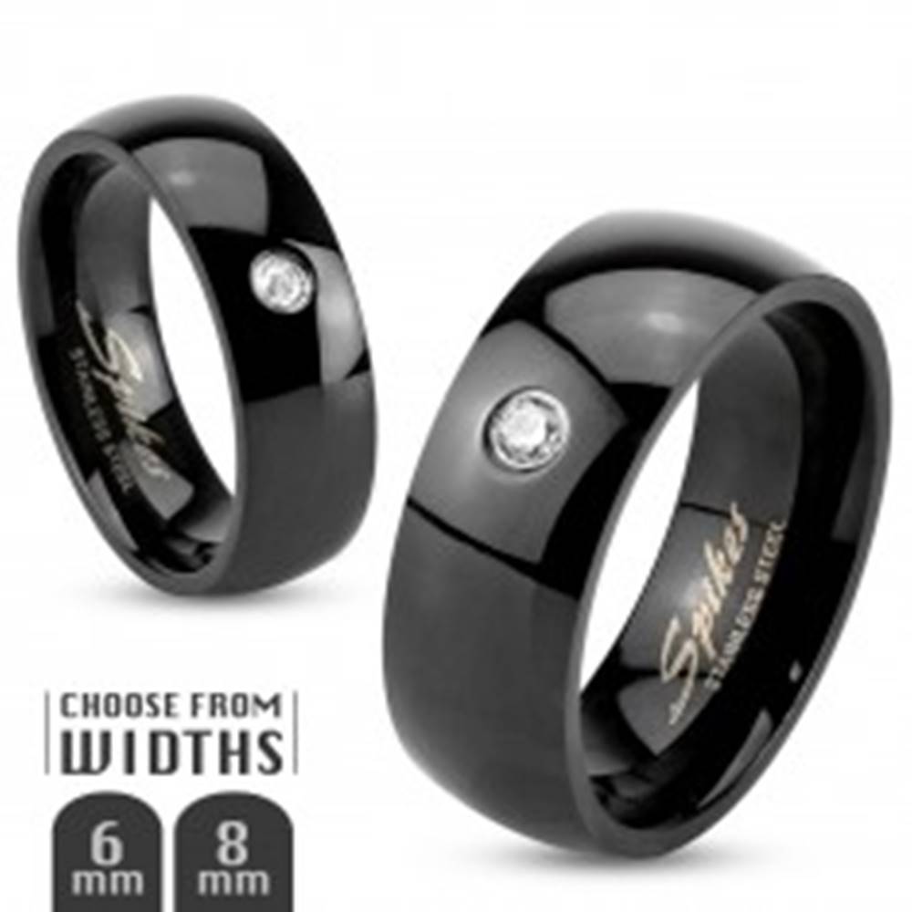 Šperky eshop Čierny oceľový prsteň, lesklé zaoblené ramená, číry zirkónik, 6 mm - Veľkosť: 49 mm