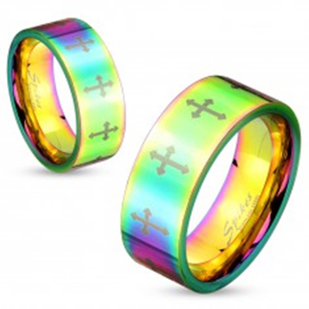 Šperky eshop Farebný oceľový prsteň s lesklým povrchom a krížikmi striebornej farby, 6 mm - Veľkosť: 50 mm